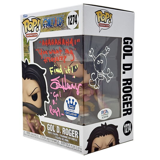 Front right angle in-box photo of Gold D. Roger Funko Pop! #1274 signed by Sean Hennigan showing the autograph, Funko Exclusive sticker, and box depth