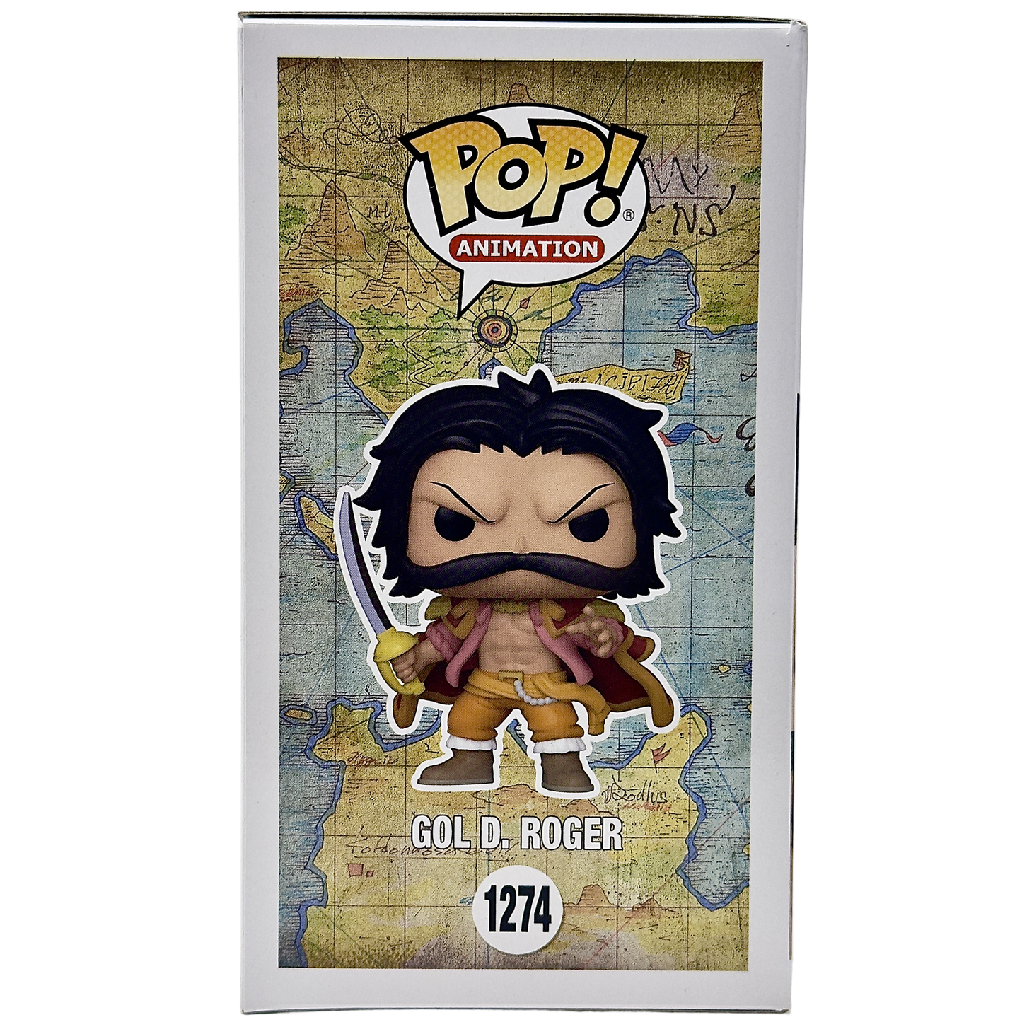 Left side of box for Gold D. Roger Funko Pop! #1274 Funko Exclusive signed by Sean Hennigan