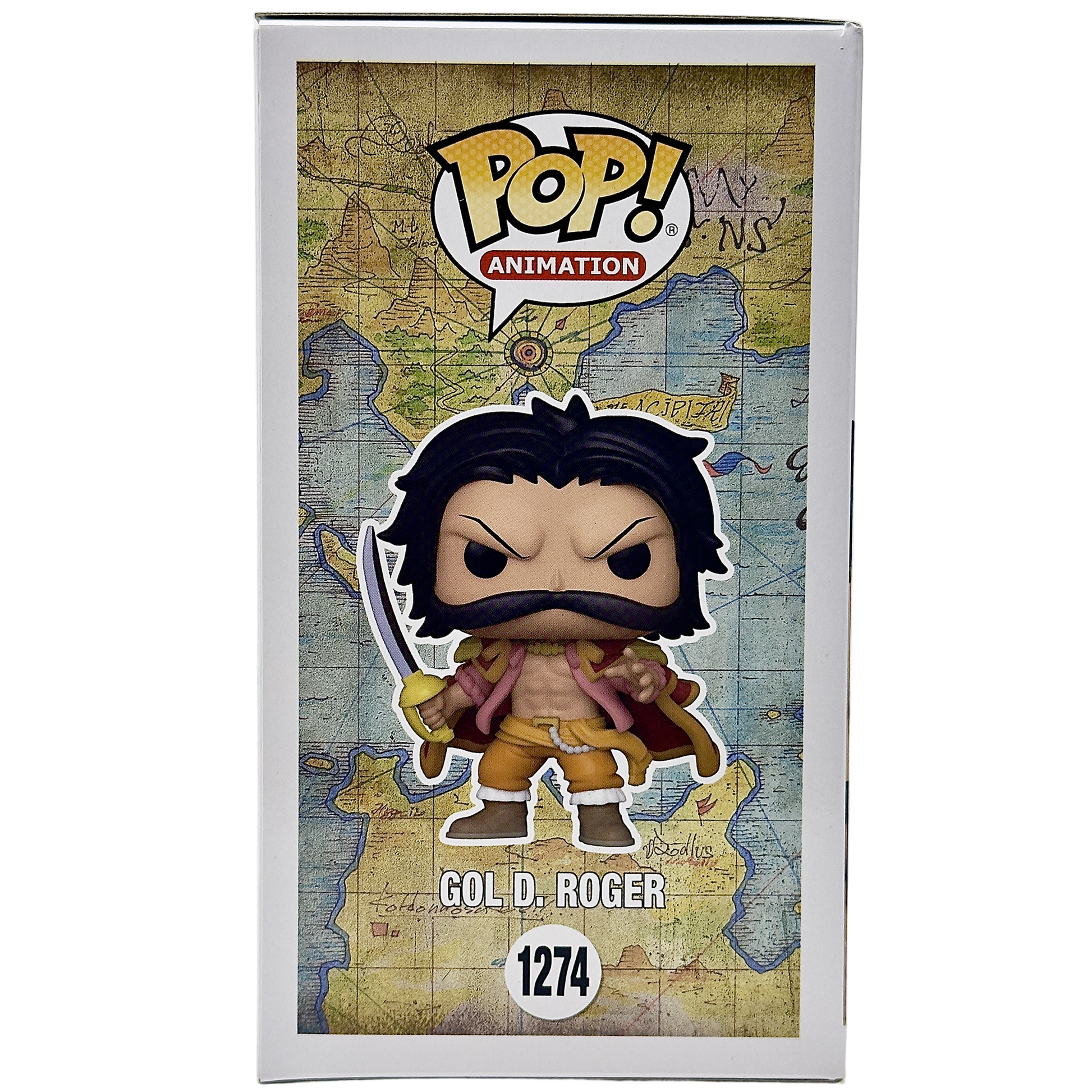Left side of box for Gold D. Roger Funko Pop! #1274 Funko Exclusive signed by Sean Hennigan