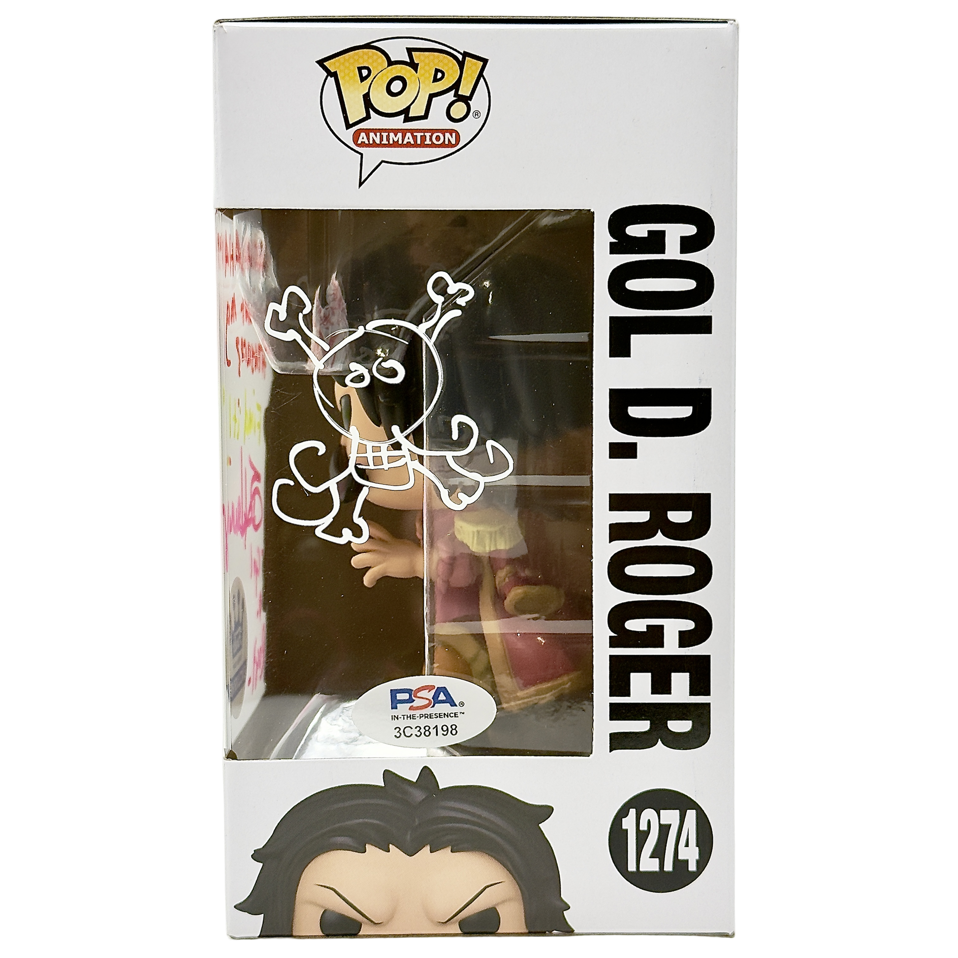 Right side of box for Gold D. Roger Funko Pop! #1274 Funko Exclusive signed by Sean Hennigan