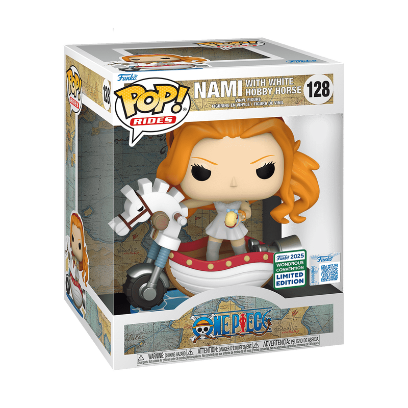 Funko Pop Nami with White Hobby Horse #128 from One Piece, shown inside original Funko box with Wondrous Convention sticker.