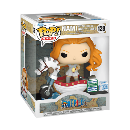 Funko Pop Nami with White Hobby Horse #128 from One Piece, shown inside original Funko box with Wondrous Convention sticker.