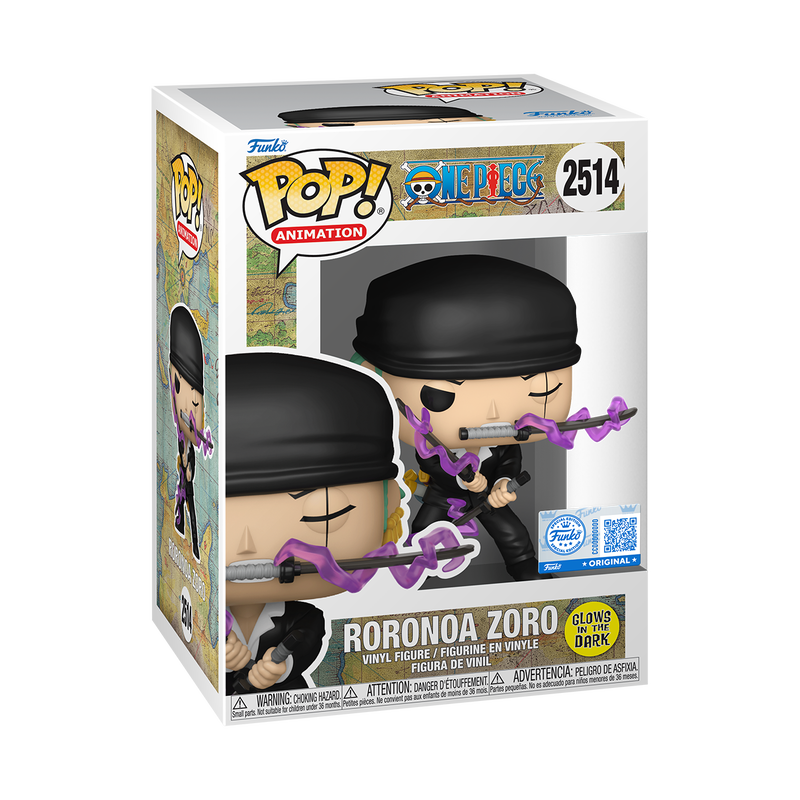 Roronoa Zoro Dressrosa Arc Funko Pop! #2514 Glow Exclusive stock photo in-box from One Piece