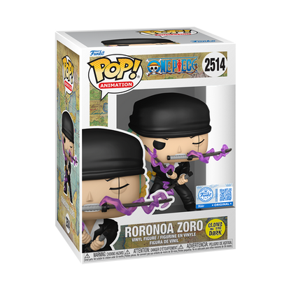 Roronoa Zoro Dressrosa Arc Funko Pop! #2514 Glow Exclusive stock photo in-box from One Piece