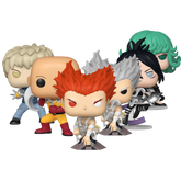 One Punch Man Funko Pop! set stock photo out-of-box featuring Saitama, Genos, Terrible Tornado, Garou, Garou Chase, and Speed-O'-Sound Sonic