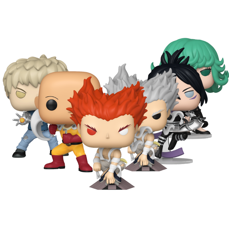 One Punch Man Funko Pop! set stock photo out-of-box featuring Saitama, Genos, Terrible Tornado, Garou, Garou Chase, and Speed-O'-Sound Sonic