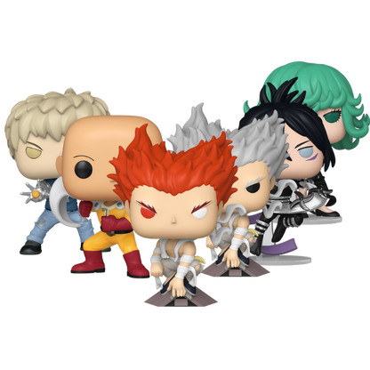 One Punch Man Funko Pop! set stock photo out-of-box featuring Saitama, Genos, Terrible Tornado, Garou, Garou Chase, and Speed-O'-Sound Sonic