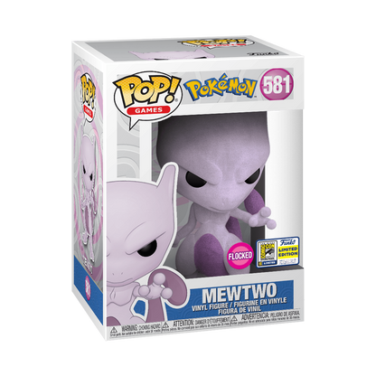 Mewtwo Flocked Funko Pop! #581 San Diego Comic Con 2020 Official Sticker stock photo in-box from Pokemon