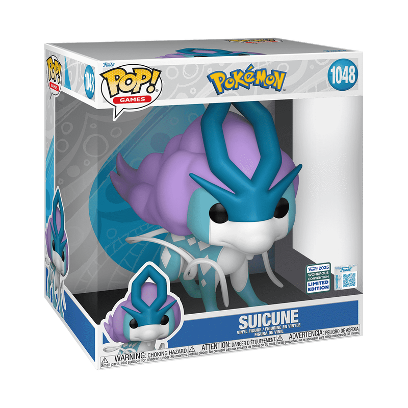 Jumbo Funko Pop Suicune #1048 from Pokémon, shown inside original Funko jumbo box with Wondrous Convention sticker.