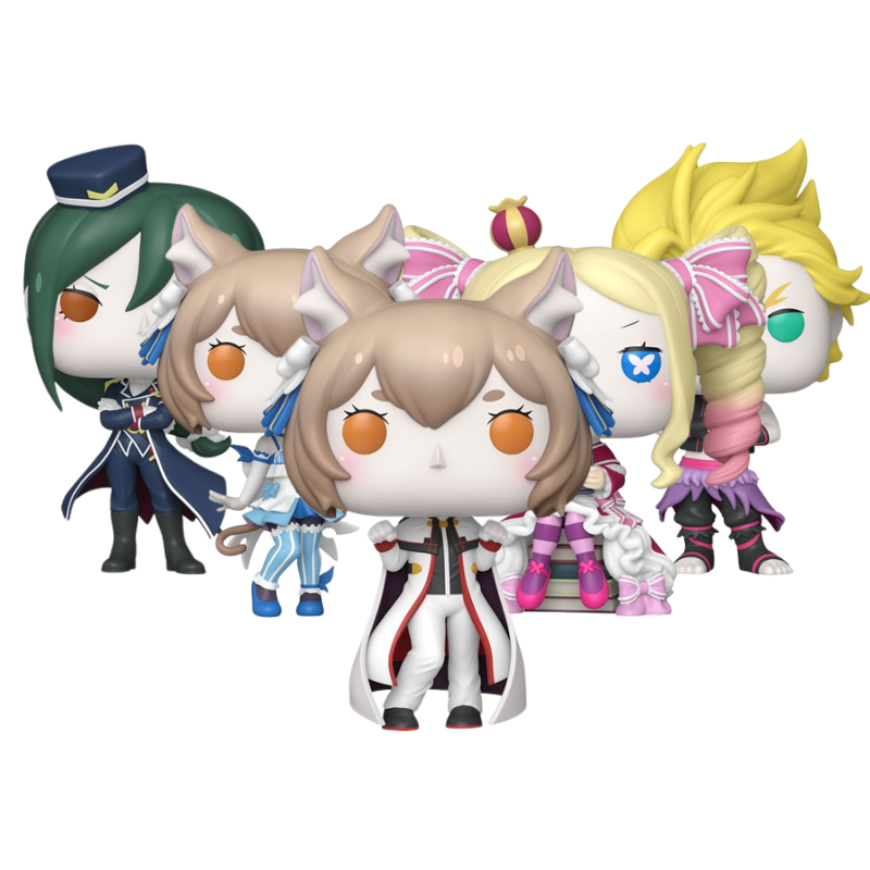 Re:Zero Funko Pop! set stock photo out-of-box featuring Subaru, Emilia, Rem, Ram, Beatrice, Ferris, Garfiel, Crusch, and more