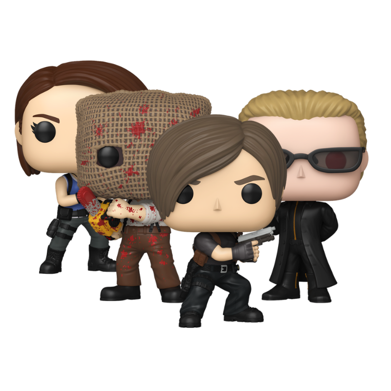 Resident Evil Funko Pop! 4-piece set featuring Jill Valentine #1293, Leon Kennedy #1294, Albert Wesker #1295, and Chainsaw Villager #1292 stock photo out-of-box