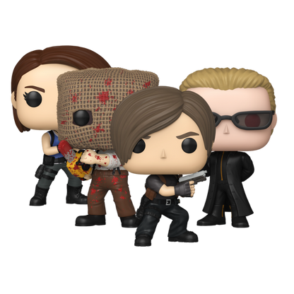 Resident Evil Funko Pop! 4-piece set featuring Jill Valentine #1293, Leon Kennedy #1294, Albert Wesker #1295, and Chainsaw Villager #1292 stock photo out-of-box