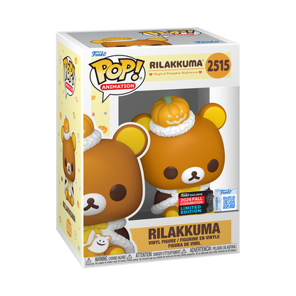 Stock photo of Rilakkuma Funko Pop! Rilakkuma (Pumpkin) #2515 Funko Exclusive NYCC 2026 shared-sticker edition in box.