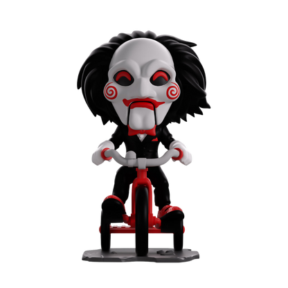 Youtooz Billy the Puppet #6 from Saw, signed by Tobin Bell with JSA authentication, shown outside packaging.