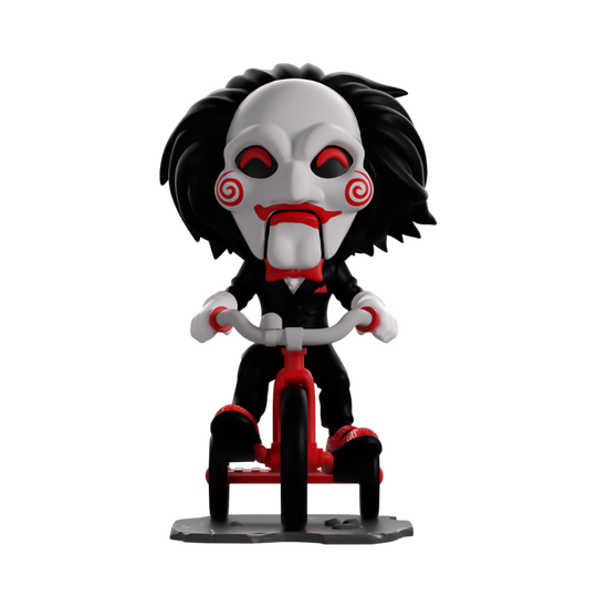 Youtooz Billy the Puppet #6 from Saw, signed by Tobin Bell with JSA authentication, shown outside packaging.