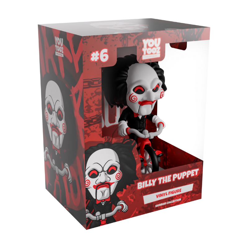 Youtooz Billy the Puppet #6 from Saw, signed by Tobin Bell with JSA authentication, shown outside packaging.