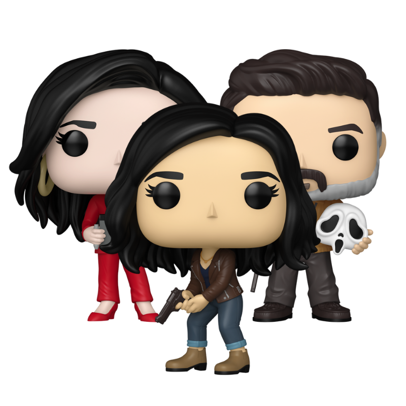 Sidney Prescott #2170 Dewey Riley #2171 and Gale Weathers #2172 Funko Pop! set stock photo out-of-box from Scream 2022