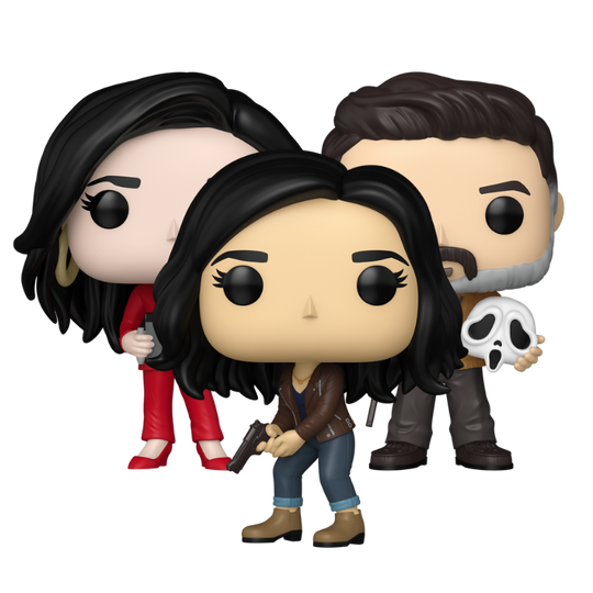 Sidney Prescott #2170 Dewey Riley #2171 and Gale Weathers #2172 Funko Pop! set stock photo out-of-box from Scream 2022