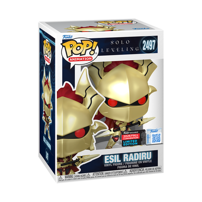 Stock photo of Solo Leveling Funko Pop! Esil Radiru #2497 NYCC 2026 shared-sticker edition in box.