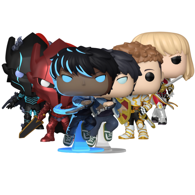 Solo Leveling Wave 1 Funko Pop! collection bundle featuring Sung Jinwoo, Cha Hae-In, Yoo Jinho, and Igris stock photo out-of-box