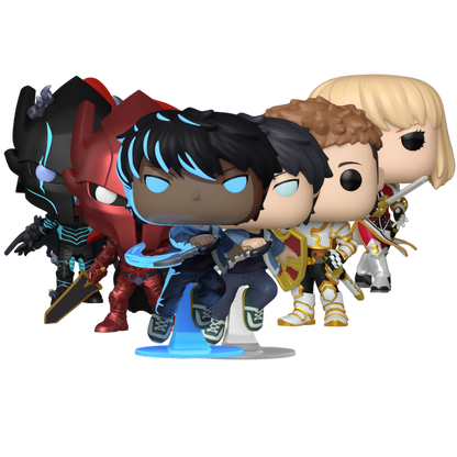 Solo Leveling Wave 1 Funko Pop! collection bundle featuring Sung Jinwoo, Cha Hae-In, Yoo Jinho, and Igris stock photo out-of-box