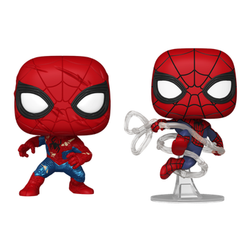 Spider-Man Swinging and Spider-Man No Way Home Suit Funko Pop! #1586 #1587 stock photo out-of-box from Spider-Man Brand New Day