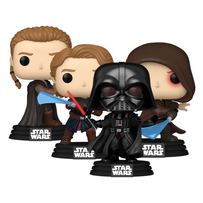 Star Wars Darth Vader and Anakin Skywalker 4-piece Funko Pop! set out-of-box featuring Padawan Anakin, Jedi General Anakin, Unarmored Vader, and In Armor Vader