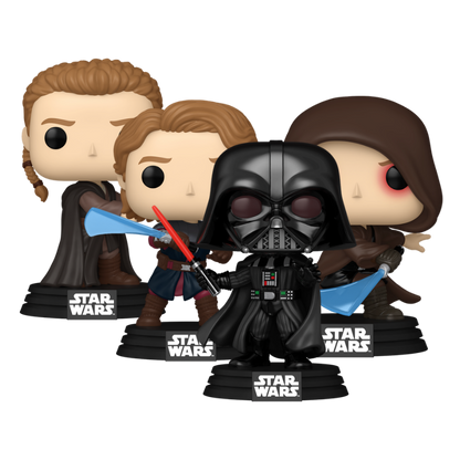 Star Wars Darth Vader and Anakin Skywalker 4-piece Funko Pop! set out-of-box featuring Padawan Anakin, Jedi General Anakin, Unarmored Vader, and In Armor Vader