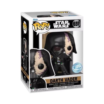 Darth Vader with Damaged Helmet Funko Pop! #637 Exclusive stock photo in-box from Star Wars