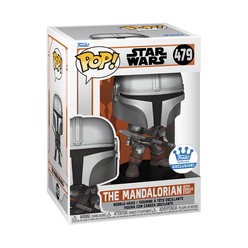 The Mandalorian with Beskar Staff Funko Pop! #479 Funko Exclusive stock photo in-box from Star Wars: The Mandalorian