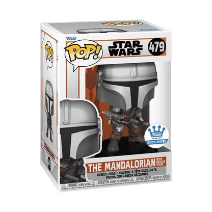 The Mandalorian with Beskar Staff Funko Pop! #479 Funko Exclusive stock photo in-box from Star Wars: The Mandalorian