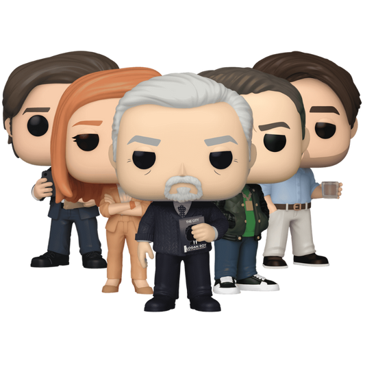 Succession Funko Pop! set stock photo out-of-box featuring Logan Roy #1430 Greg Hirsch #1428 Shiv Roy #1432 Roman Roy #1431 and Kendall Roy #1429 from Succession