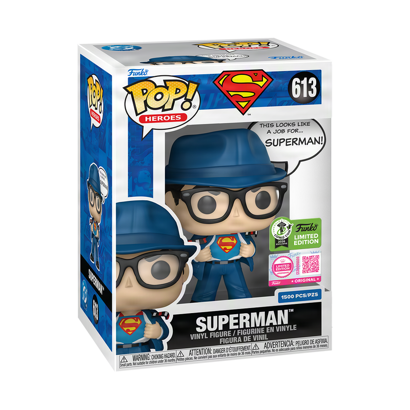 Superman This Looks Like a Job For Funko Pop! #613 Emerald City Comic Con Official Convention Sticker stock photo in-box from Superman