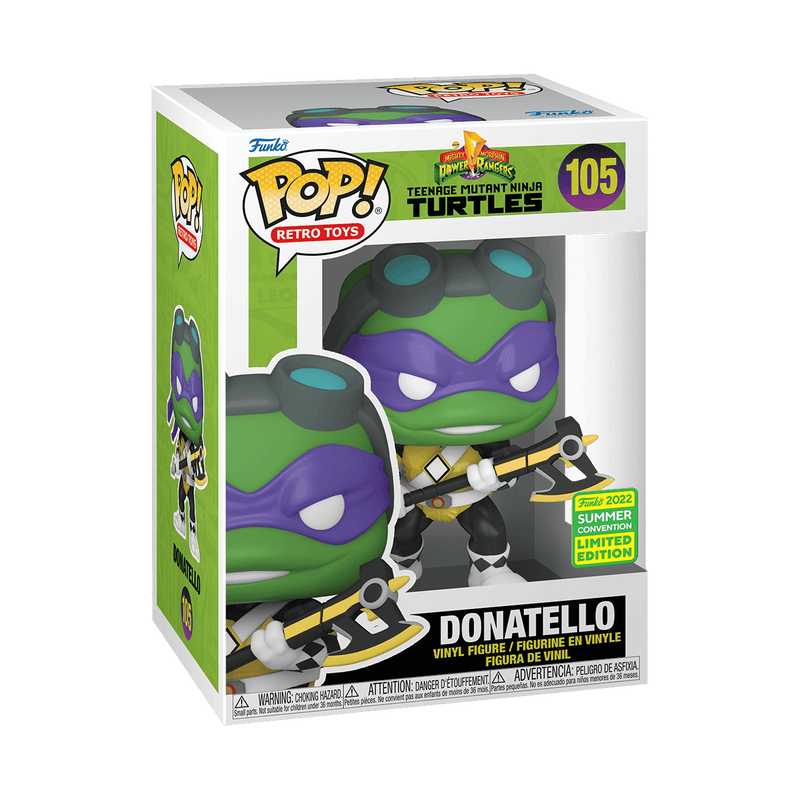 Donatello as Mighty Morphin Power Ranger Funko Pop! #105 San Diego Comic Con 2022 Shared Exclusive stock photo in-box