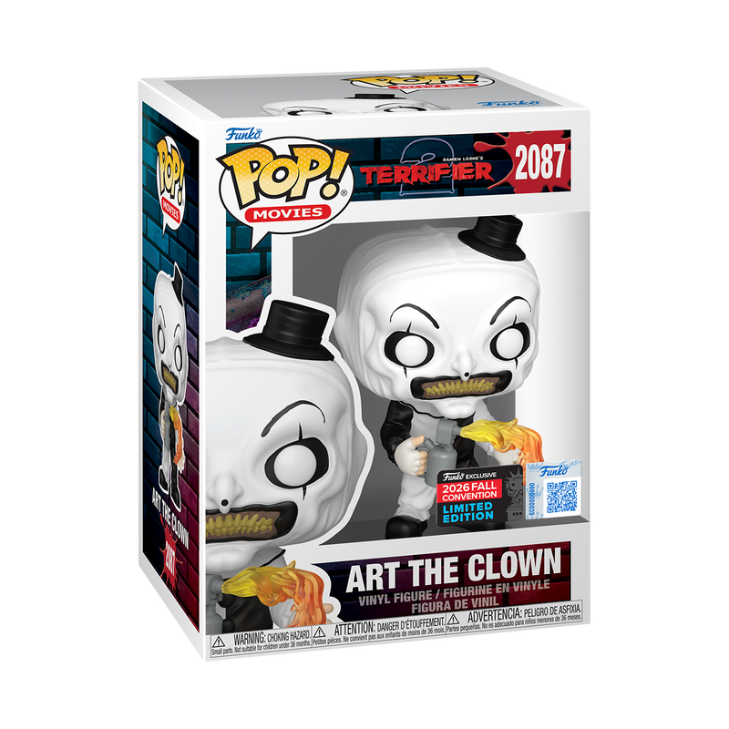 Stock photo of Terrifier 2 Funko Pop! Art the Clown #2087 NYCC 2026 shared-sticker edition in box.