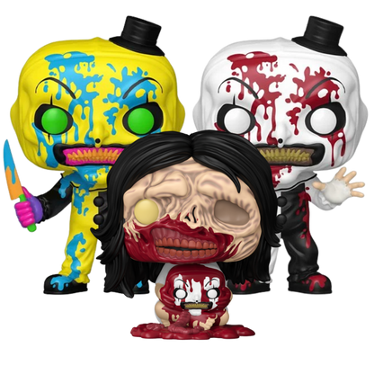 Complete Funko Pop! Terrifier 3 3-piece Entertainment Earth Exclusive set featuring Art the Clown #1948, Art the Clown #1948 Chase, and Victoria Heyes #1949 displayed together outside the packaging