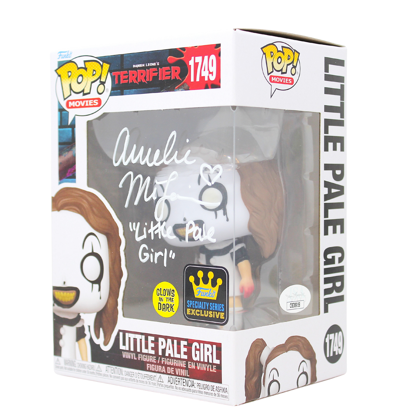 Angled in-box stock photo of Funko Pop! Little Pale Girl #1749 Glows in the Dark Specialty Series Exclusive from Terrifier