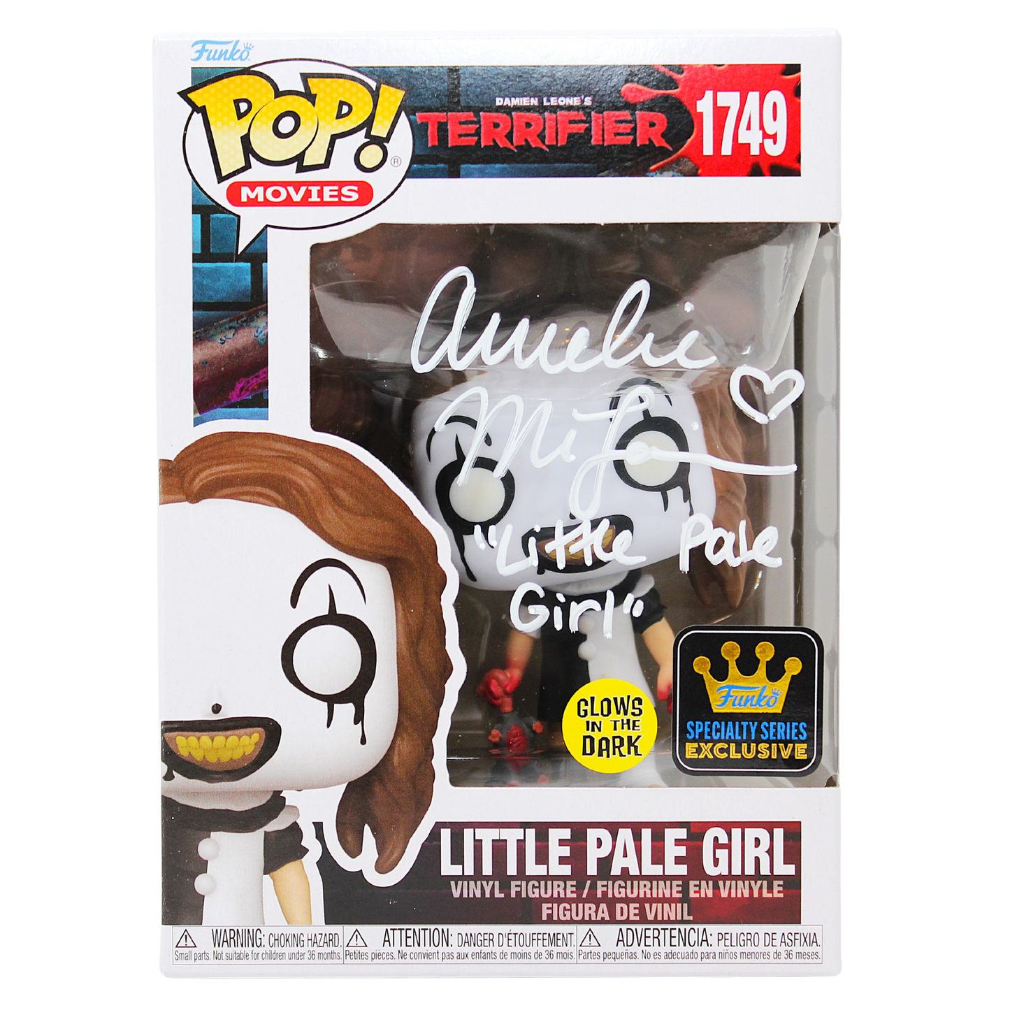 Front in-box stock photo of Funko Pop! Little Pale Girl #1749 Glows in the Dark Specialty Series Exclusive from Terrifier showing the front signature