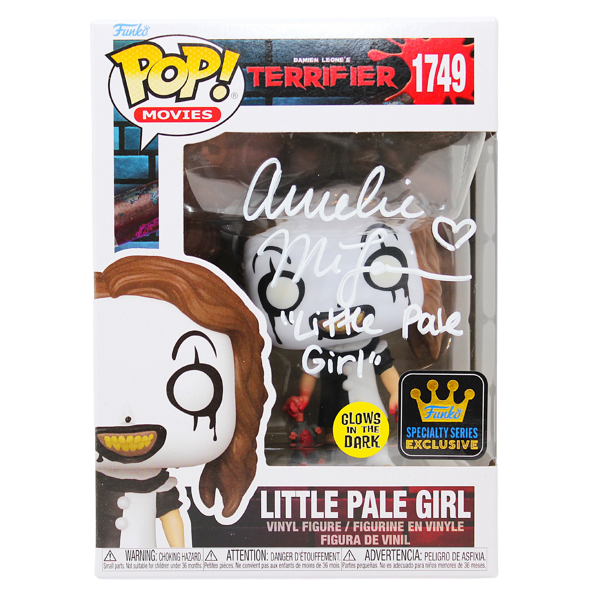 Front in-box stock photo of Funko Pop! Little Pale Girl #1749 Glows in the Dark Specialty Series Exclusive from Terrifier showing the front signature