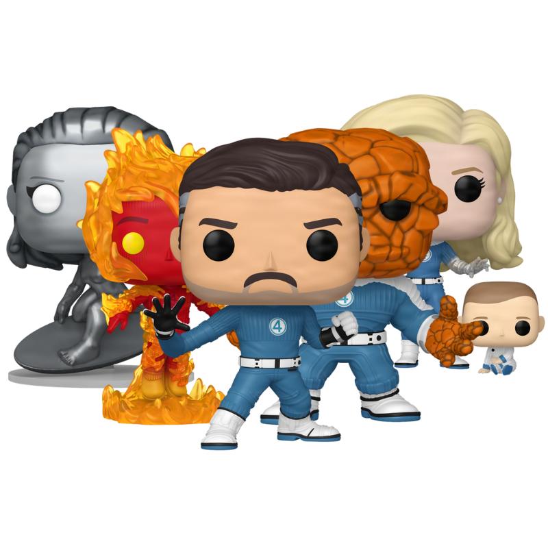 The Fantastic Four First Steps Funko Pop! collection bundle featuring Invisible Woman & Franklin, Mister Fantastic, The Thing, Human Torch, and Silver Surfer stock photo out-of-box