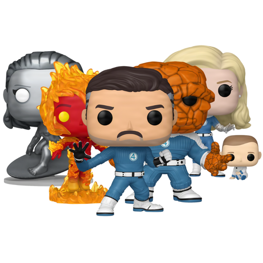 The Fantastic Four First Steps Funko Pop! collection bundle featuring Invisible Woman & Franklin, Mister Fantastic, The Thing, Human Torch, and Silver Surfer stock photo out-of-box