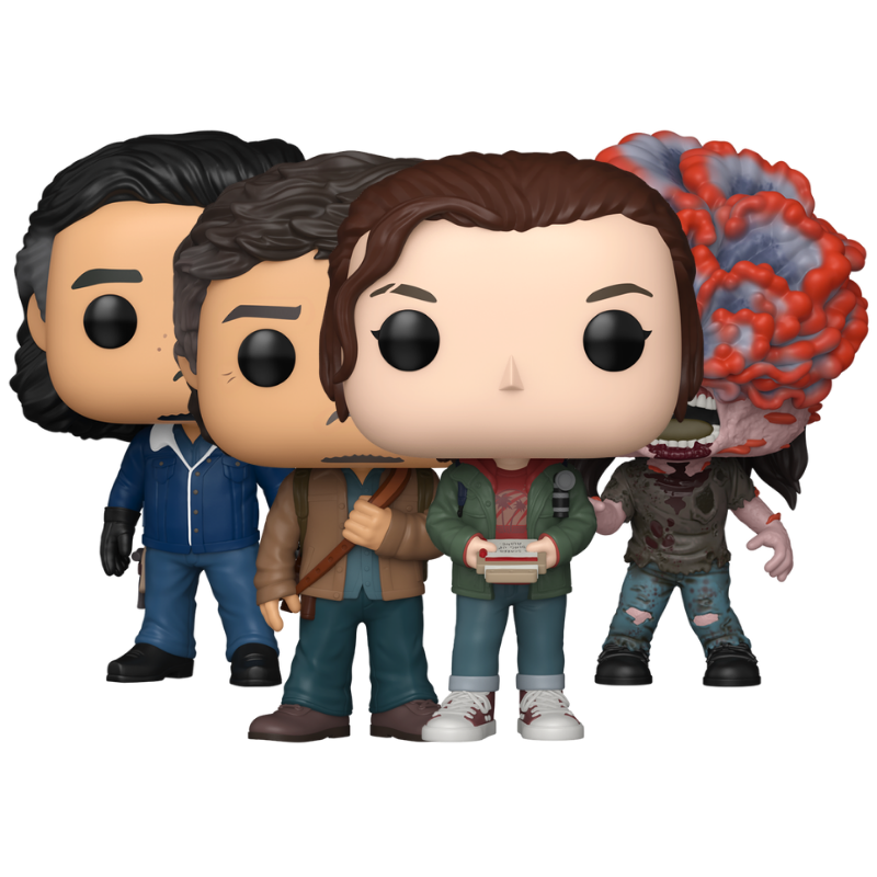 Clicker (infected) Funko Pop! #1843, Ellie with Clipboard Funko Pop! #1844, Joel Miller Funko Pop! #1845, and Tommy Miller Funko Pop! #1846 stock photo out-of-box The Last of Us

