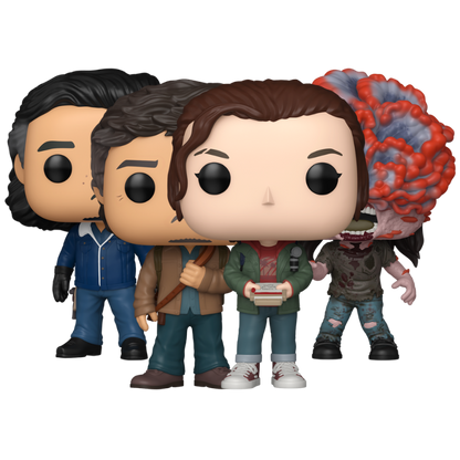 Clicker (infected) Funko Pop! #1843, Ellie with Clipboard Funko Pop! #1844, Joel Miller Funko Pop! #1845, and Tommy Miller Funko Pop! #1846 stock photo out-of-box The Last of Us
