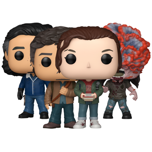 Clicker (infected) Funko Pop! #1843, Ellie with Clipboard Funko Pop! #1844, Joel Miller Funko Pop! #1845, and Tommy Miller Funko Pop! #1846 stock photo out-of-box The Last of Us
