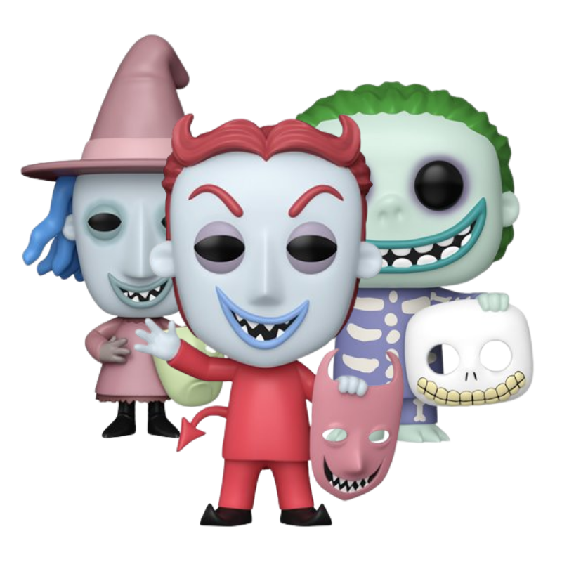 Barrel #1810 Lock #1811 and Shock #1812 EE Exclusive Glow Funko Pop! set stock photo out-of-box from The Nightmare Before Christmas