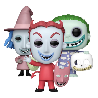 Barrel #1810 Lock #1811 and Shock #1812 EE Exclusive Glow Funko Pop! set stock photo out-of-box from The Nightmare Before Christmas
