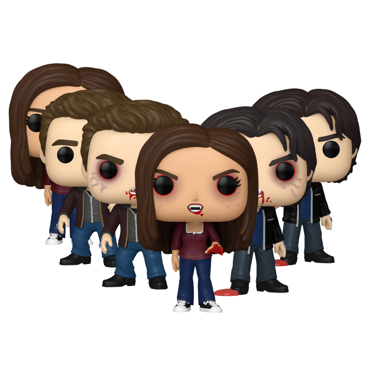 The Vampire Diaries Funko Pop! 6-piece Chase and Common set featuring Damon Salvatore #1975, Elena Gilbert #1976, and Stefan Salvatore #1977 out-of-box