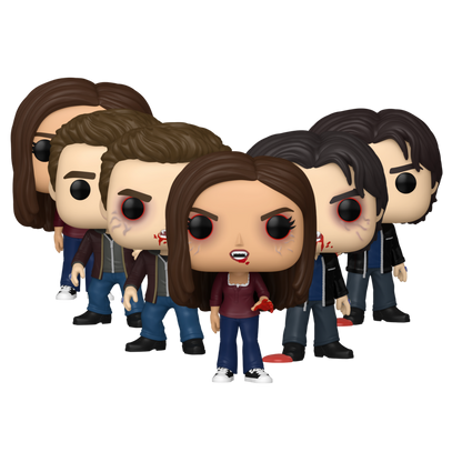 The Vampire Diaries Funko Pop! 6-piece Chase and Common set featuring Damon Salvatore #1975, Elena Gilbert #1976, and Stefan Salvatore #1977 out-of-box