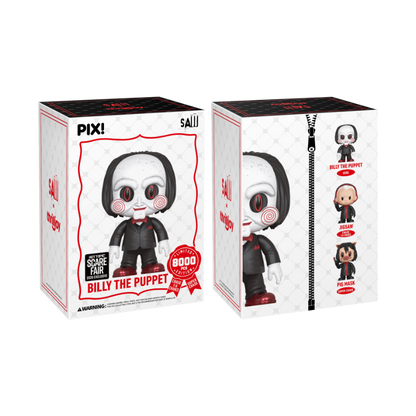 Billy the Puppet Jigsaw's Messenger Thrilljoy PIX! Hot Topic Scare Fair 2026 Exclusive stock photo box front and back from Saw