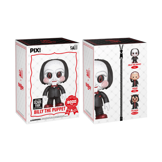 Billy the Puppet Jigsaw's Messenger Thrilljoy PIX! Hot Topic Scare Fair 2026 Exclusive stock photo box front and back from Saw